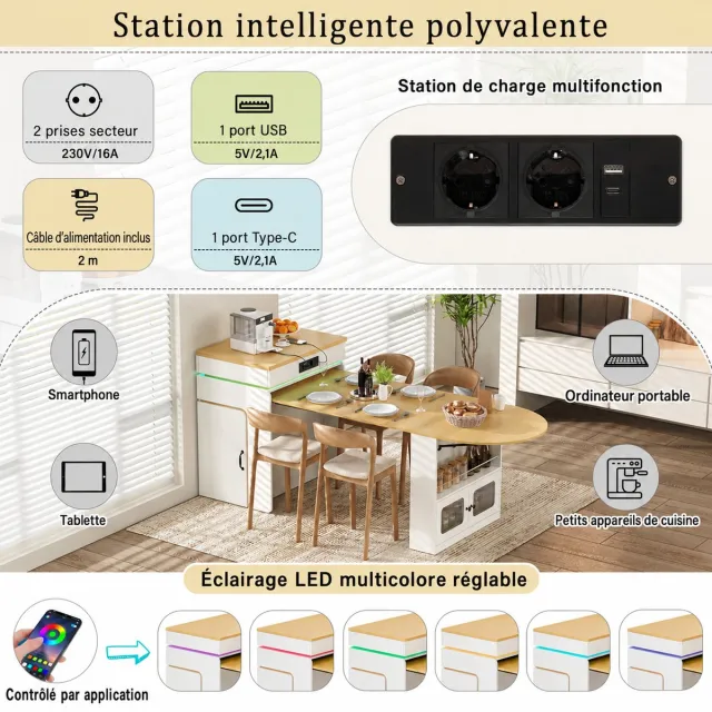 STILVORA Tafel Met Uittrekbaar Blad Ledverlichting En Stopcontact - Keuken Eettafel En Dressoir Voor Woonkeuken - Wit Hout - 194 X 80 X 95 5 Cm
