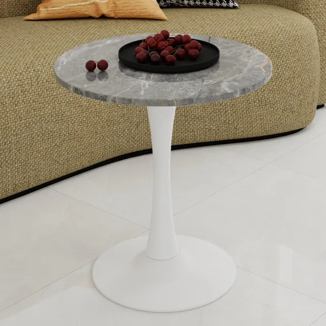 COVREO Bijzettafel 70x70x72 cm - wit en grijs, rond tafelblad met marmerlook fineer Antiek wit