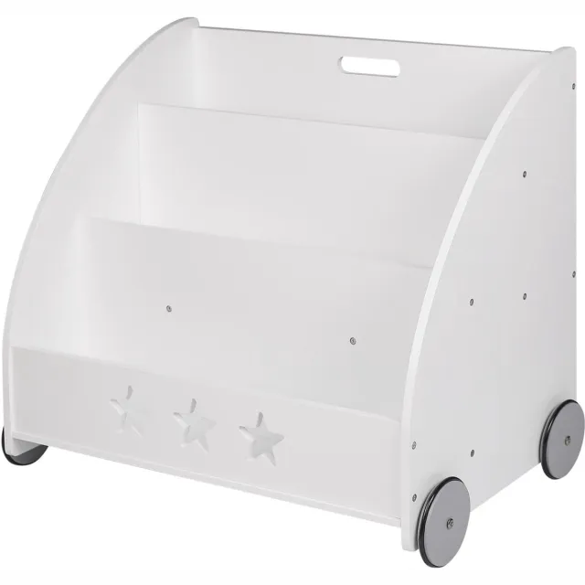 Klarven Kinderboekenkast Wit - Kinderboekenkast Met Opbergruimte - Kinderboekenrek - Bookcase - Op Wielen - 3 Vakken Voor Boeken Van Alle Maten - Stabiel En Kindveilig - Trapeziumvorm b42xd62xh57cm