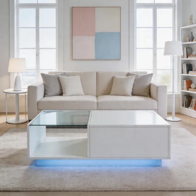 KOMHTOM LED-salontafel met verstelbare hoogte - Hoogglans tafel met verborgen opbergruimte en legplank - Afmetingen 50×100×(33-46,5) cm Wit