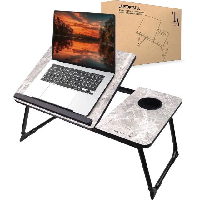 TrueLogic Alpha Bedtafel - Laptoptafel - Laptop standaard - Voor laptops t/m 17 inch - Ontbijttafel - Ontbijt op bed - Earth Flow Marble Grijs & Wit