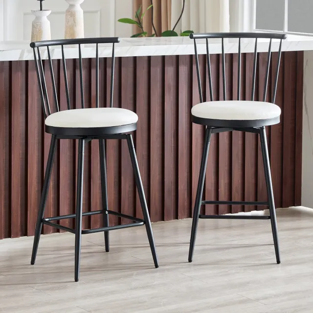 FloraGrace Barkruk – Windsor-Stijl Met Rugleuning – Set Van 2 – Kunstleer En Metaal – Industrieel – Wit/Zwart – Voor Keukeneiland En Bar