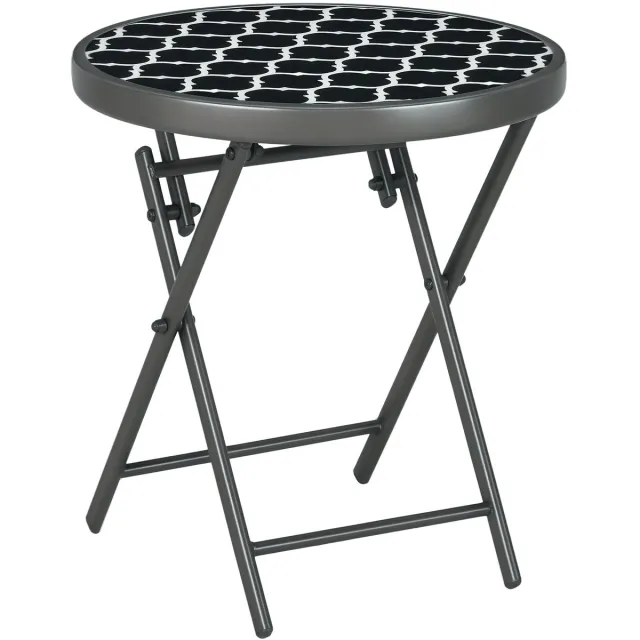 Outsunny Inklapbare Bijzettafel Rond met Glazen Blad - Tuintafel Balkontafel - Zwart