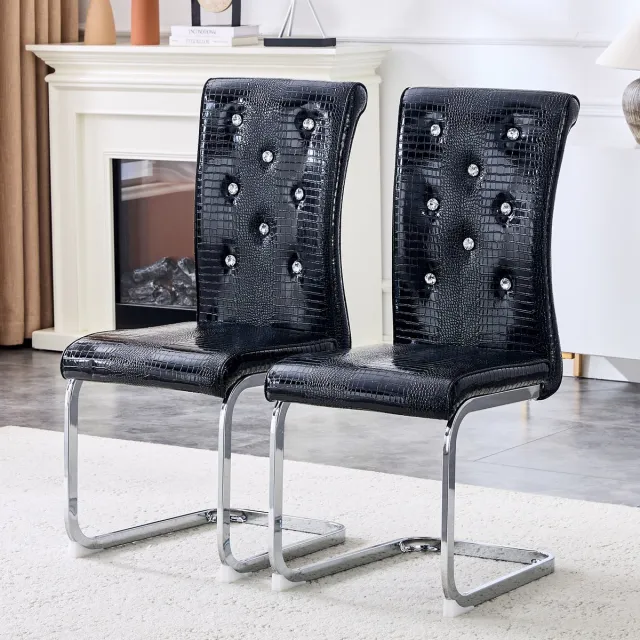 Eetkamerstoel set van 2 - ROLIPO luxe design eetkamerstoelen krokodillenlook kunstleer zwart met metalen poten - comfortabele stoel moderne eetstoel set 2 stuks - 57x41x101,5 cm