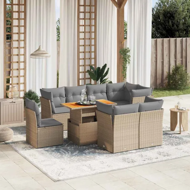 vidaXL 9-delige Loungeset met kussens poly rattan beige, foto 2