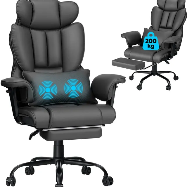 Hoffree XXL Ergonomische Leren Bureaustoel Upgrade met Voetensteun en Massage, Hoge Draaibare Stoel met Verstelbare Hoofd- en Armleuningen, 165° Kantelbaar, tot 200 kg, Grijs