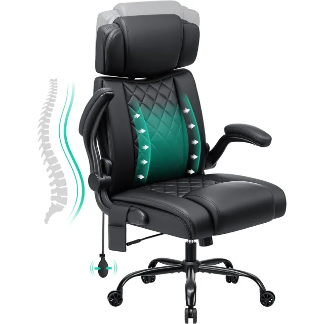 Hoffree Ergonomische Bureaustoel tot 200 kg – Chefsessel met Hoge Rugleuning, Verstelbare Hoofdsteun, Inklapbare Armleuningen, Kunstleer Computerstoel – Zwart