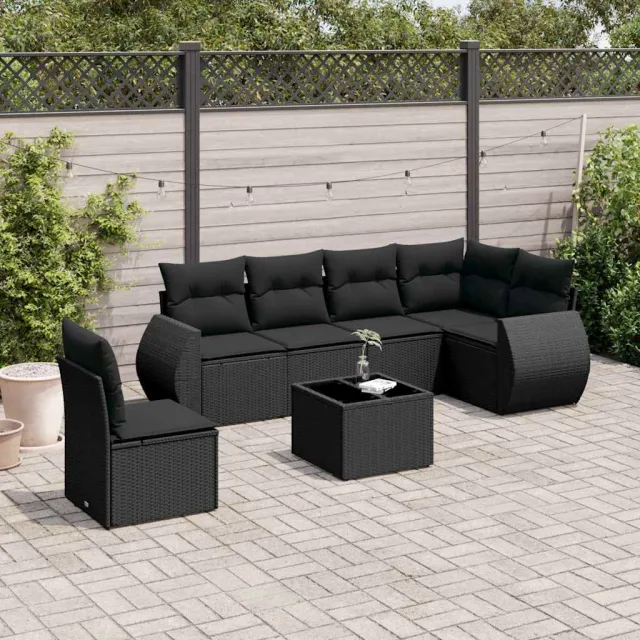 vidaXL 7-delige Loungeset met kussens poly rattan zwart, foto 2