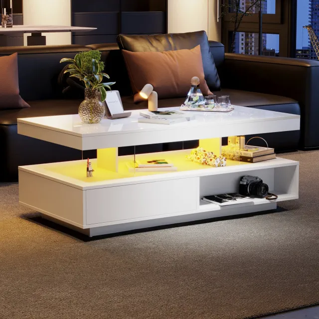 OKWISH Salontafels - Salontafel Met LED-Verlichting En Opbergruimte - Hoogglans Ontwerp - 95x50x42,5 cm - Hout - Wit