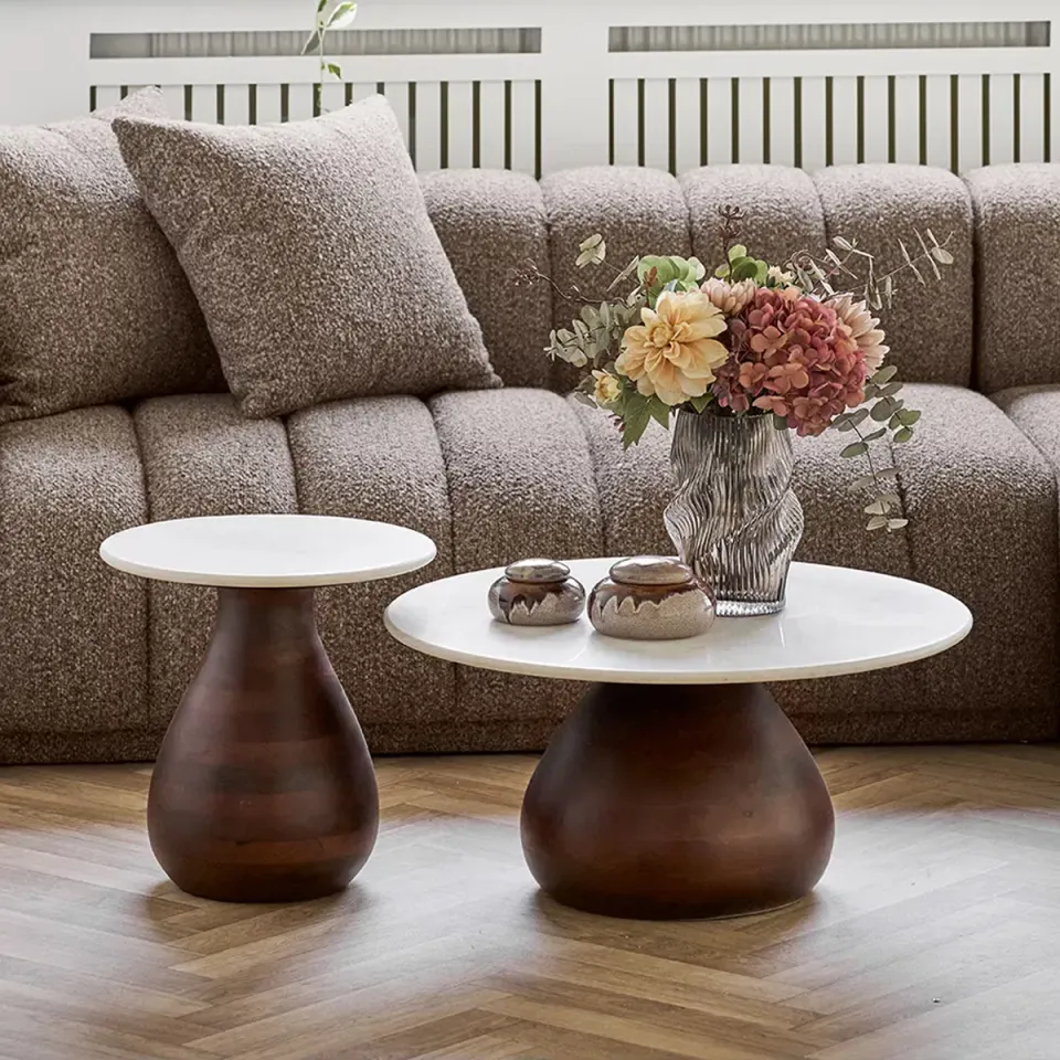 Artichok Herre houten bijzettafel bruin met wit marmer blad - Ø40, foto 3