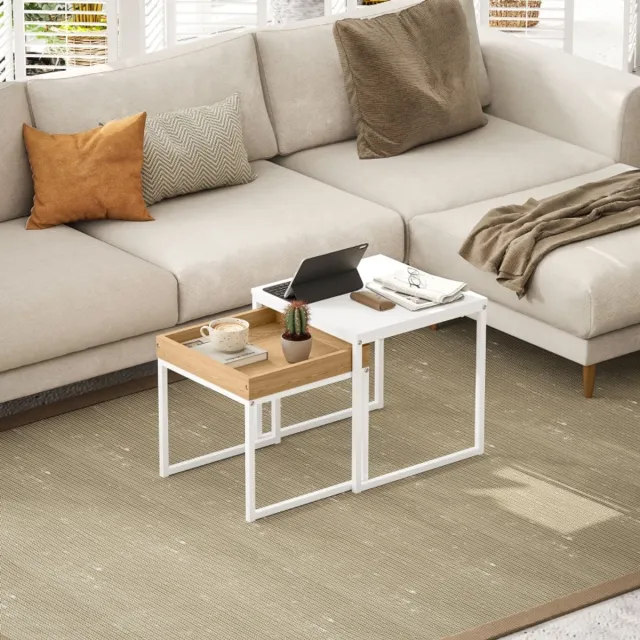 MODFU 2-delige moderne salontafelset – compact wit/eikenlook, melamine MDF & stalen U‑frame