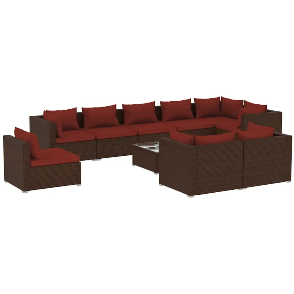 vidaXL 10-delige Loungeset met kussens poly rattan bruin