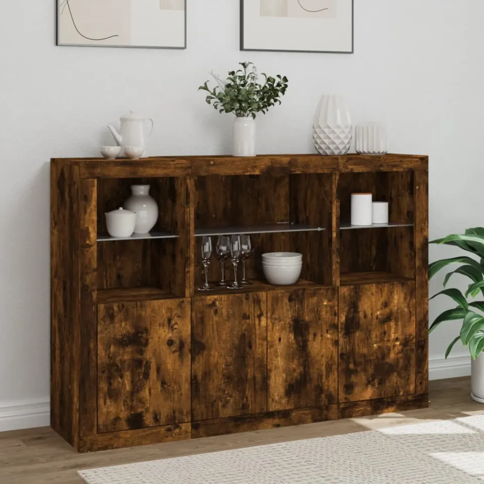 vidaXL Dressoirs met LED-verlichting 3 st bewerkt hout gerookt eiken, foto 4