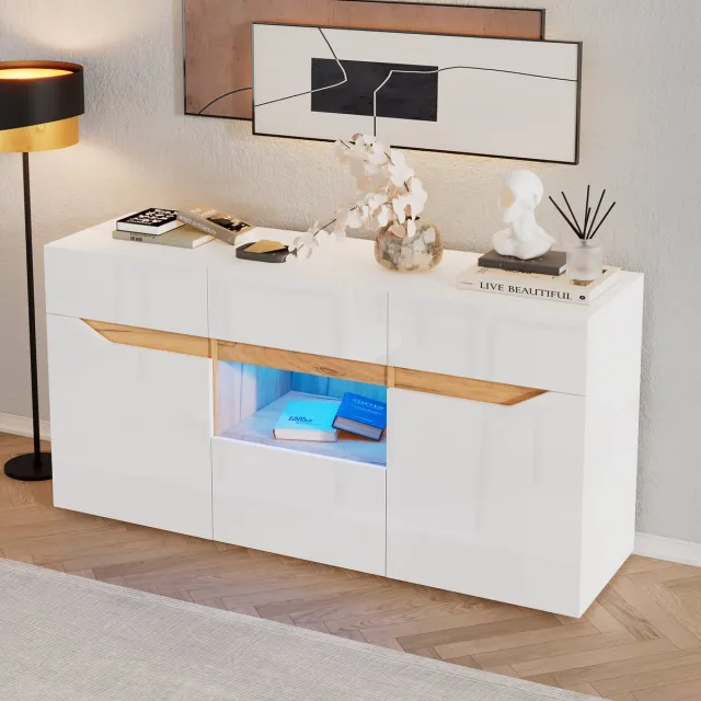 REDOM Dressoir 140x40x70 cm van spaanplaat, wit en houtkleur, hoogglans-front met LED en 4 laden