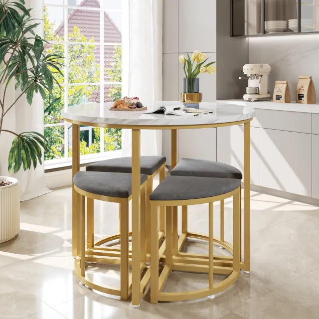 CHICFURN Eettafelset - 4 personen - ruimtebesparend - 5-delig - wit grijs