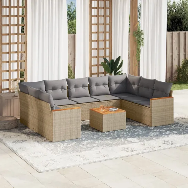 vidaXL 10-delige Loungeset met kussens poly rattan beige, foto 2