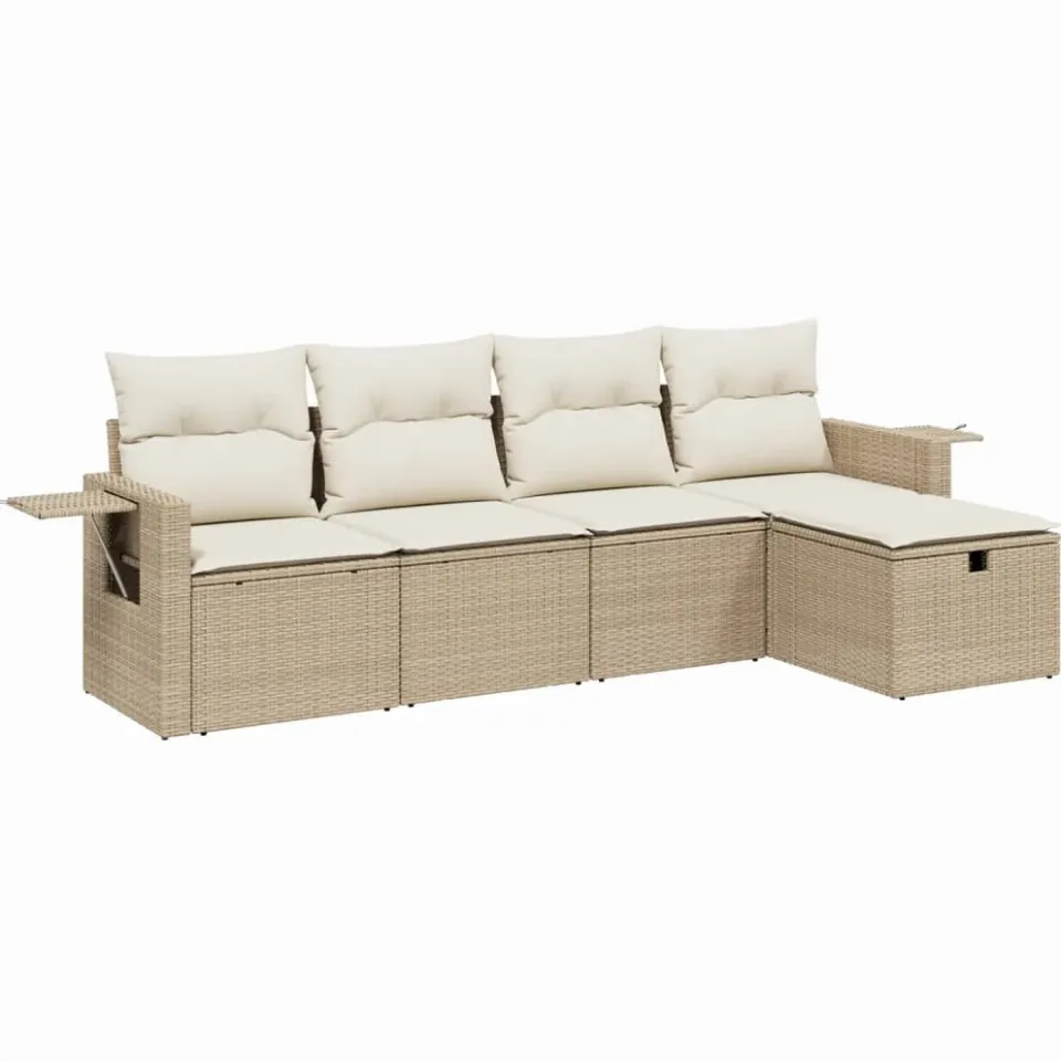 vidaXL 5-delige Loungeset met kussens poly rattan beige, foto 3
