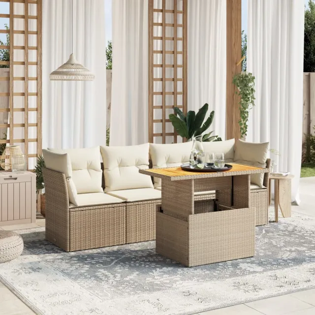vidaXL 5-delige Loungeset met kussens poly rattan beige, foto 2