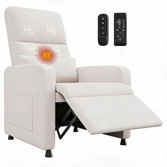 HOERFURIY Elektrische Relaxfauteuil met Massage & Warmtefunctie - TV Stoel - Verstelbaar 105°-165° met Afstandsbediening - Linnen-Look - Max. 180 kg Draagvermogen - Wit
