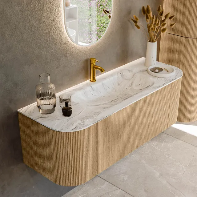 Mondiaz KURVE-DLUX 130 cm Onderkast Greeploos 1 Lade Met Deuren Oak, Wastafel Solid Surface Midden Glace 1 Kraangat Zonder Spiegel (KRVBGS130L+R1L2D1KM-Oak/Gla)