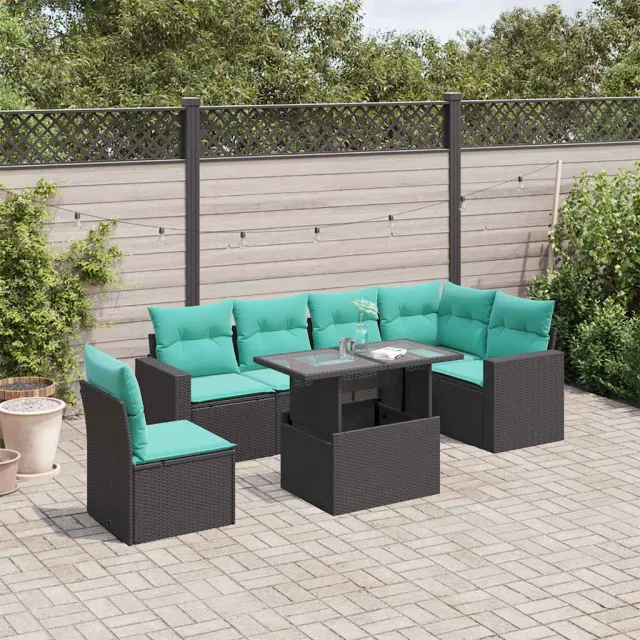 vidaXL 7-delige tuinbankset met kussens van zwart polyrotan, foto 2