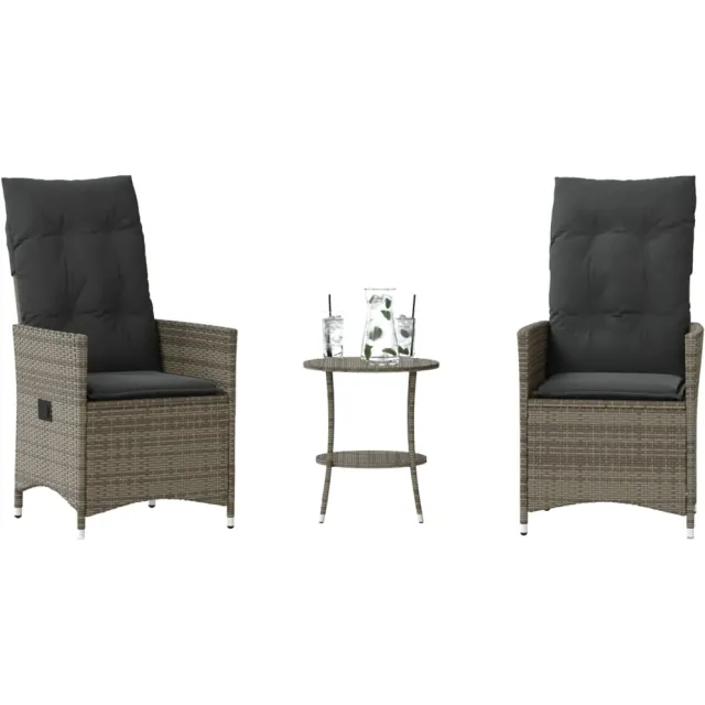 vidaXL 3-delige Bistroset met kussens poly rattan grijs