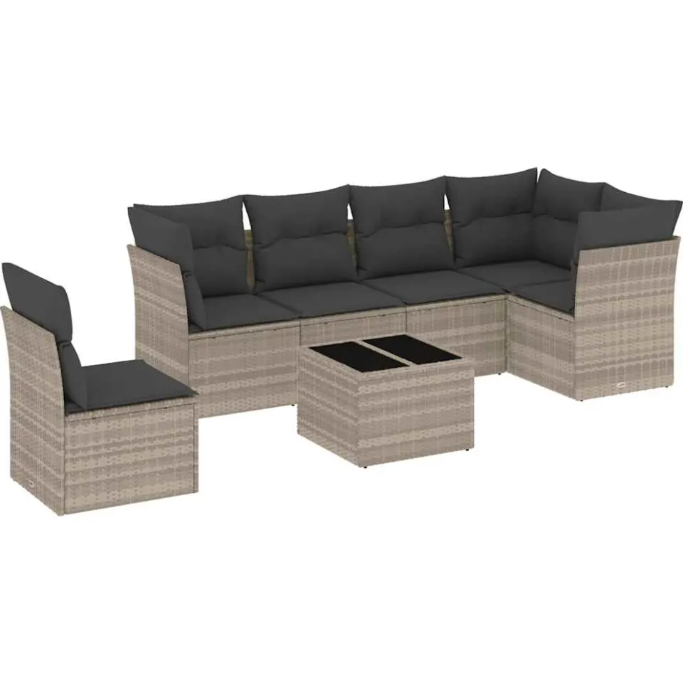 vidaXL 7-delige Loungeset met kussens poly rattan lichtgrijs grijs, foto 3
