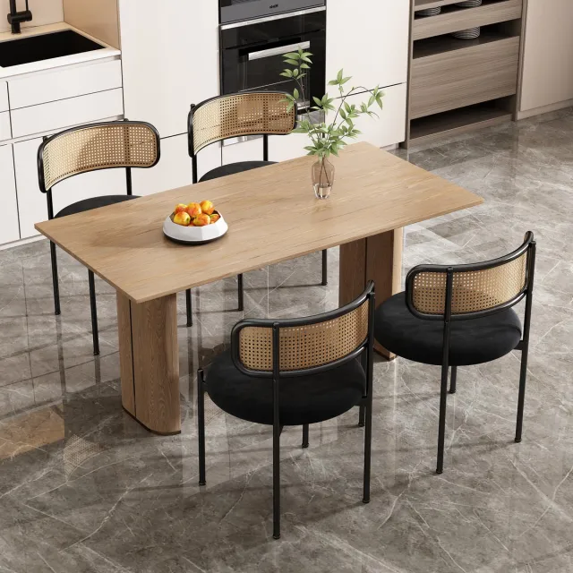 Welltin Fluwelen eetkamerstoel, set van 4, moderne, eenvoudige relaxstoel met vier metalen steunpoten, rotan relaxstoel, stoel voor woonkamer en slaapkamer, zwart