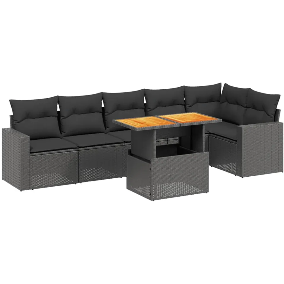 vidaXL 7-delige Loungeset met kussens poly rattan zwart, foto 4
