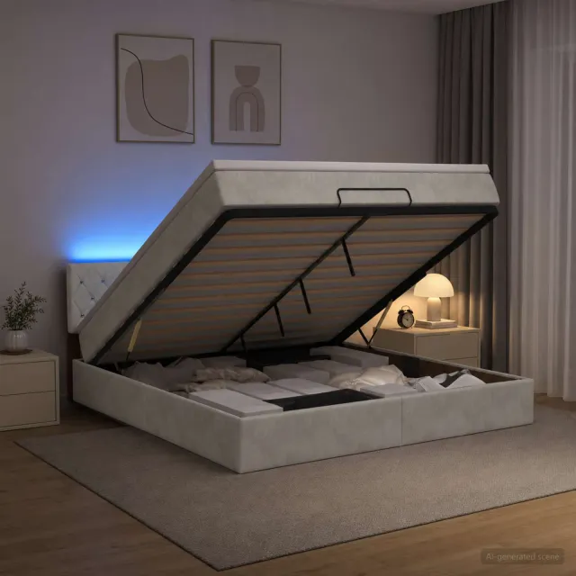 vidaXL Ottoman Bed met Matrassen en LED Lichtgrijs 140 x 190 cm