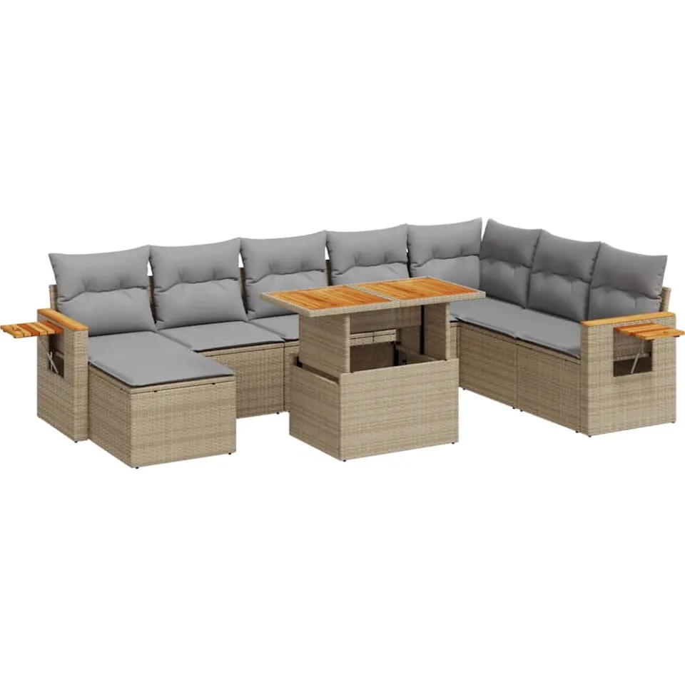 vidaXL 9-delige Loungeset met kussens poly rattan acacia beige, foto 3