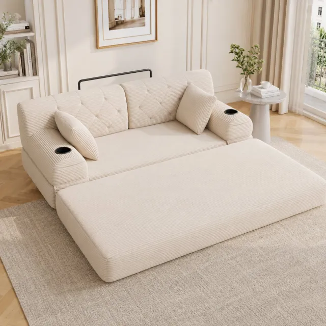STILVORA Slaapbank 168 x 80 cm - 2-Zits Met Hoge Rugleuning En Slaapfunctie - Voor Woonkamer En Kleine Ruimtes - Cord Beige