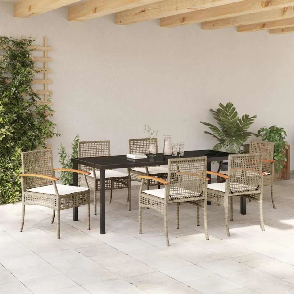 vidaXL Tuin eettafelset 7 st Beige en zwart Rattan, foto 3