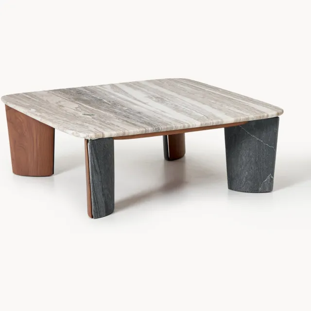 Westwing Collection Marmeren salontafel Muno van acaciahout, B 85 cm Beige, Grijs
