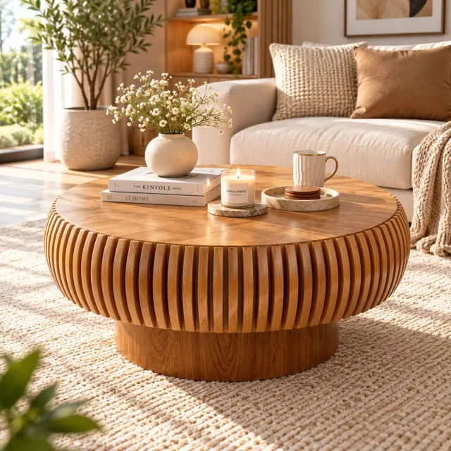 Rojellaa Ronde Houten Salontafel met Ribbelige Zijkant - Naturel Houtnerf - Centrale Ronde Voet