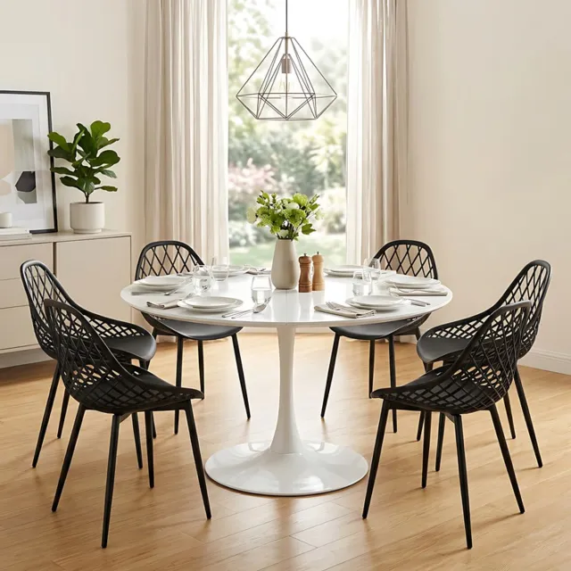 EGGREE eettafel en stoelen - 6 zwarte eetkamerstoelen - tafel Ø 120 cm - voor bar - café en restaurant Wit-M6BK