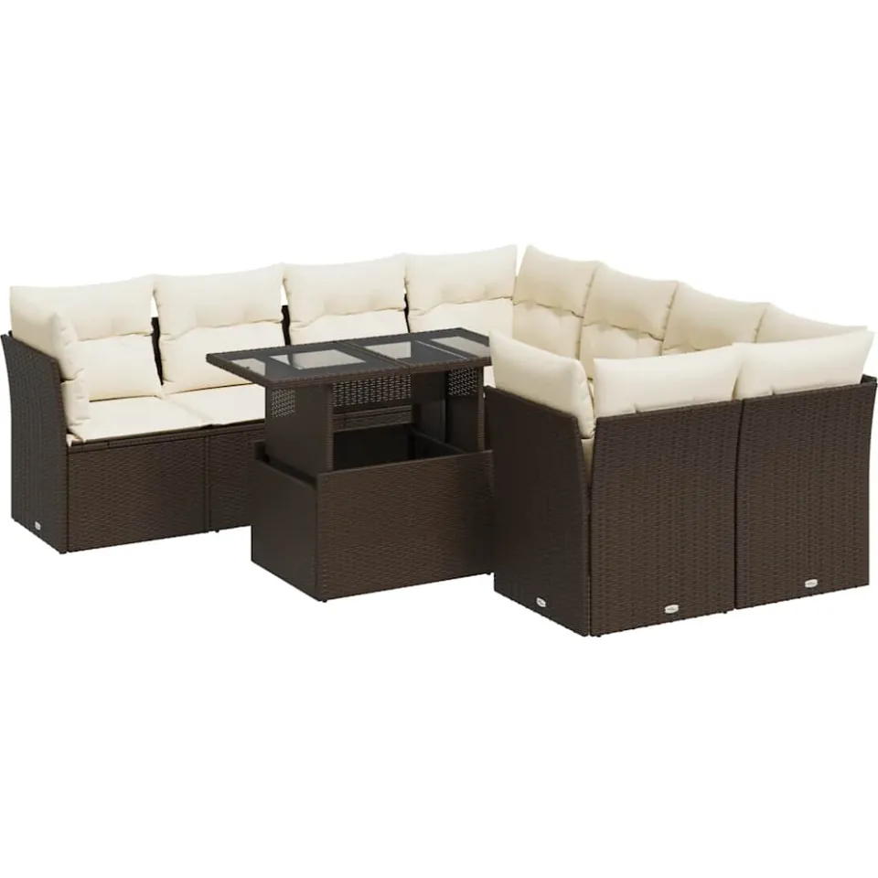 vidaXL 9-delige Loungeset met kussens poly rattan bruin, foto 3