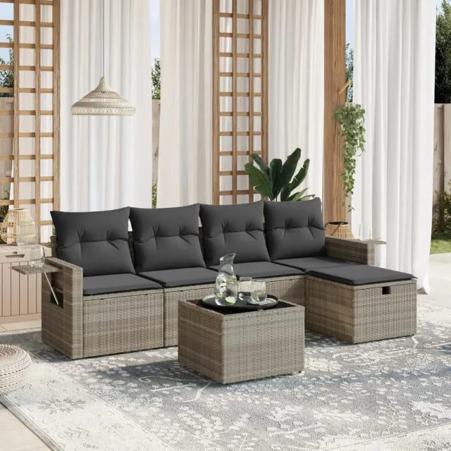 vidaXL 6-delige Loungeset met kussens poly rattan lichtgrijs grijs, foto 2