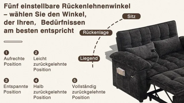 MODENUIT Slaapbank 142 cm - Verstelbare Rugleuning En Opbergruimte - Voor Woonkamer - Chenille - Zwart