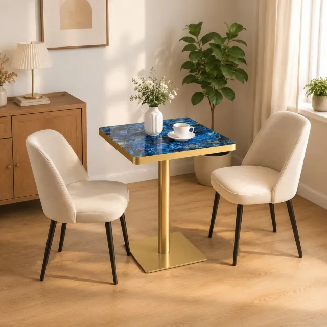 MEUNIQ vierkante eettafel 60x60 cm met marmerlook tafelblad, gouden rand en metalen onderstel, 74 cm hoog, modern voor eetkamer, bistro of caféhoek, blauw