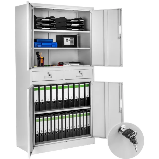 Tectake Archiefkast - Kantoorkast - 2 kastdelen met afsluitbare deuren - 2 afsluitbare lades - Eenvoudige montage - Ruime constructie - Vleugeldeuren - 4 Deuren - Afmeting (HxBxD) 180x80x40 cm - Grijs lichtgrijs