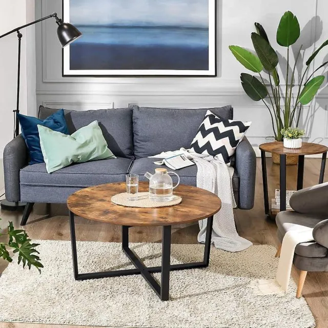 MAZAZU MIRA Home Salontafel Rond - Ronde Bijzettafel - Industrieel - Donkerbruin - 88x88x47 cm