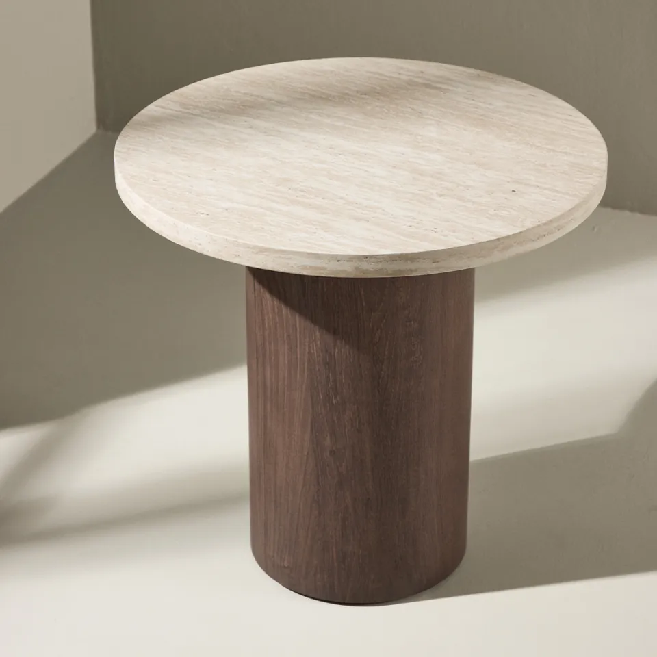 Nest living Jente ronde houten bijzettafel donkerbruin met travertine tafelblad- Ø 50 cm beige, foto 3
