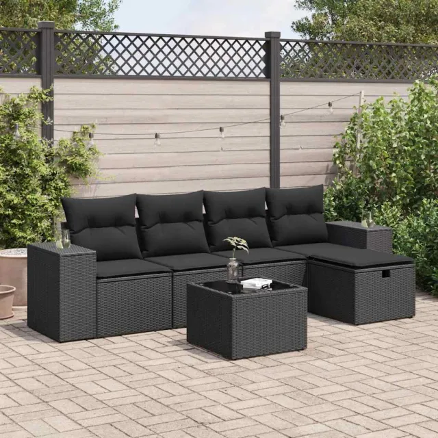 vidaXL 6-delige Loungeset met kussens poly rattan zwart, foto 2