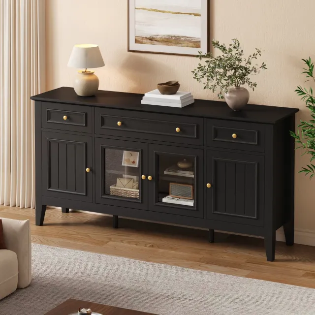 STILVORA Dressoir - 3 Laden en 4 Deuren met Glas - Ledverlichting Via App - Voor Woonkamer en Eetkamer - Mdf - Zwart - 160x40x78,5 cm