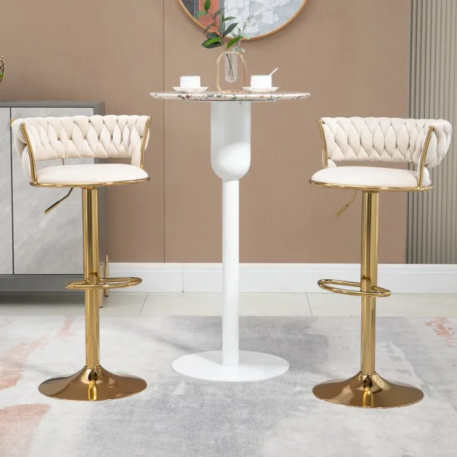Wishdor Barkruk set van 2 - 360° draaibaar en in hoogte verstelbaar - Met rugleuning en zachte zitting - Velvet - Ivoor - Houten frame - 54 x 46 x 97 cm Ivory