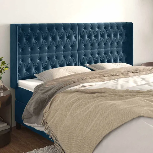 vidaXL Hoofdbord met randen 203x16x118/128 cm fluweel donkerblauw
