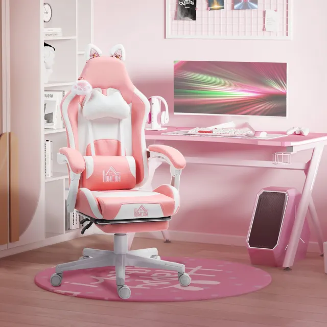 REDOM Gamingstoel - Met Kattenoren En Voetensteun - Verstelbare Rugleuning Tot 135° - Verstelbare Zithoogte - Bonded Leer - Roze - 65 X 62 X 116-124 Cm