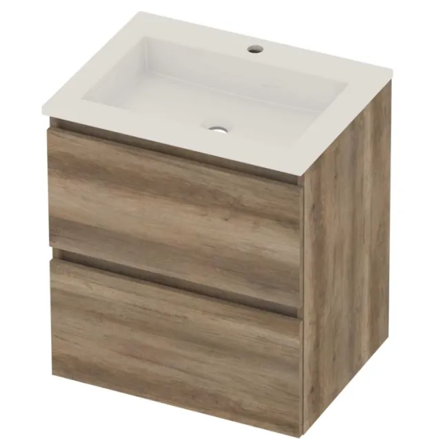 Basic-Line Aura 46 Badmeubelset Acryl 1 Kraangat Greeploos 60x46x62 cm Scotch Oak Glans Wit