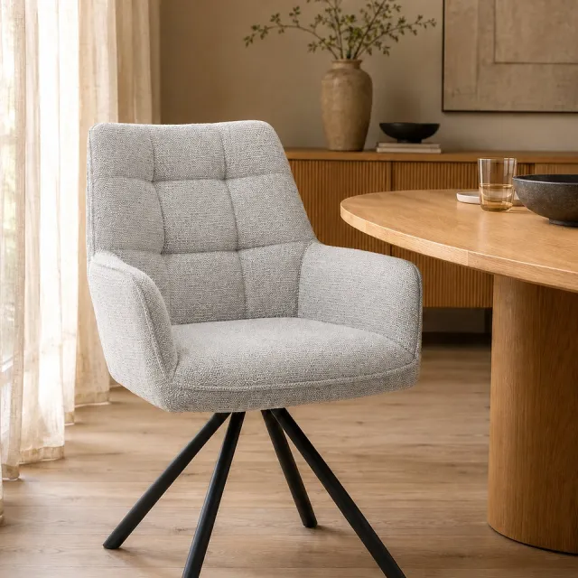 The Seats Eetkamerstoel Kate – Luxe Draaibare Armstoel – Polyester Stof – Auto Return - Licht grijs